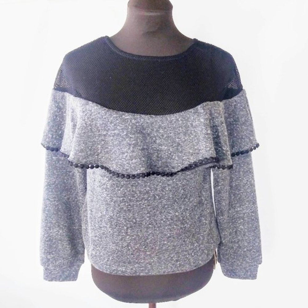 Mixed media ruffled drop shoulder sweat shirt